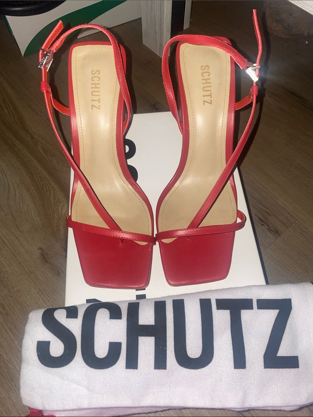 SCHUTZ Red Square-Toe Strappy High Heel Sandals